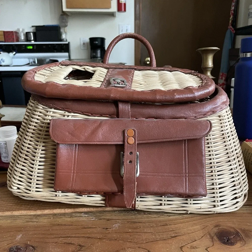 Vtg Wicker and Leather Creel Basket W/Pouch Made in British Hong Kong